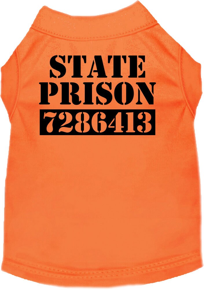 Halloween pet shirt for dogs and cats featuring an inmate costume design, soft fabric, and double-stitched durability.