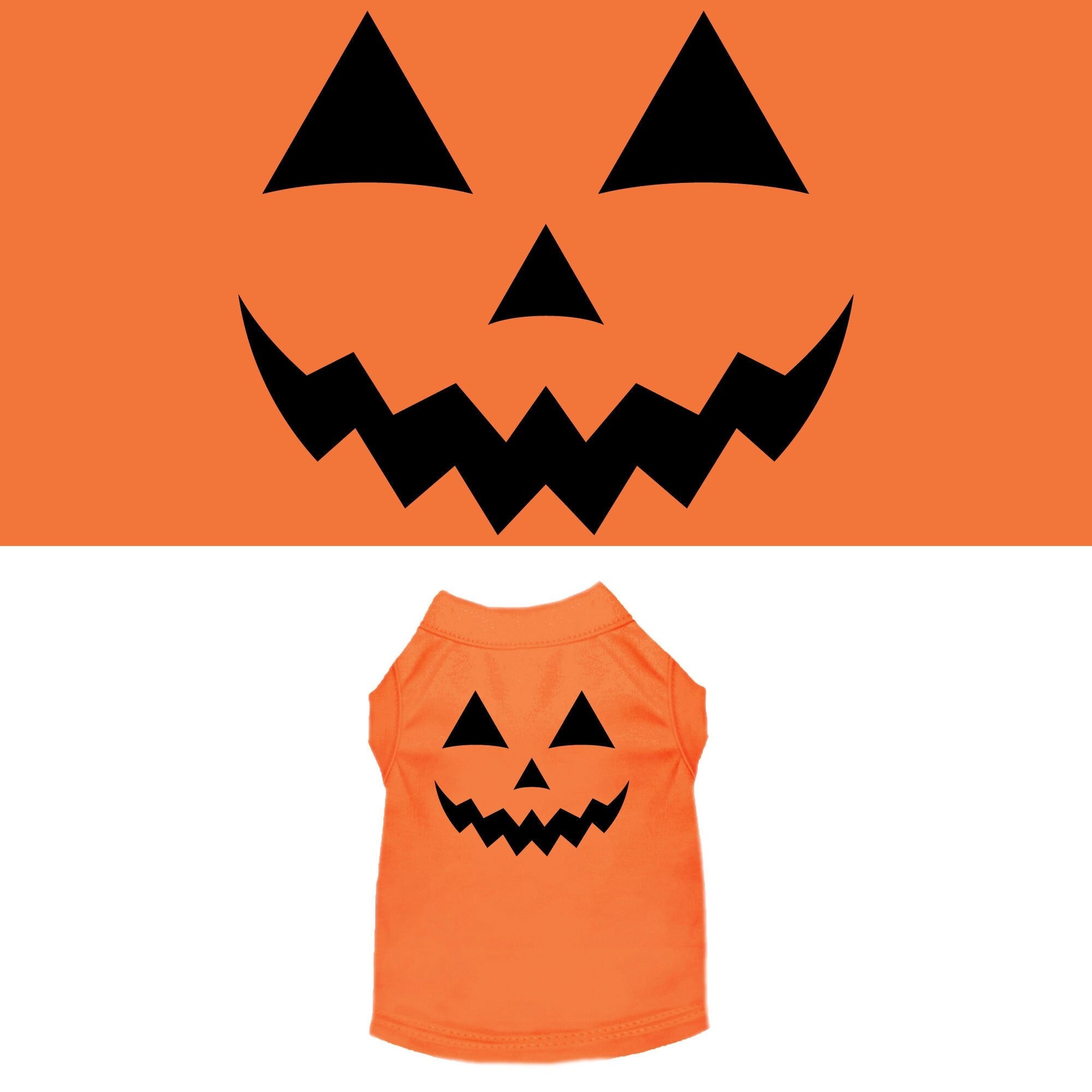 A soft and comfy Halloween shirt for pets featuring a cute pumpkin face design, suitable for dogs and cats.