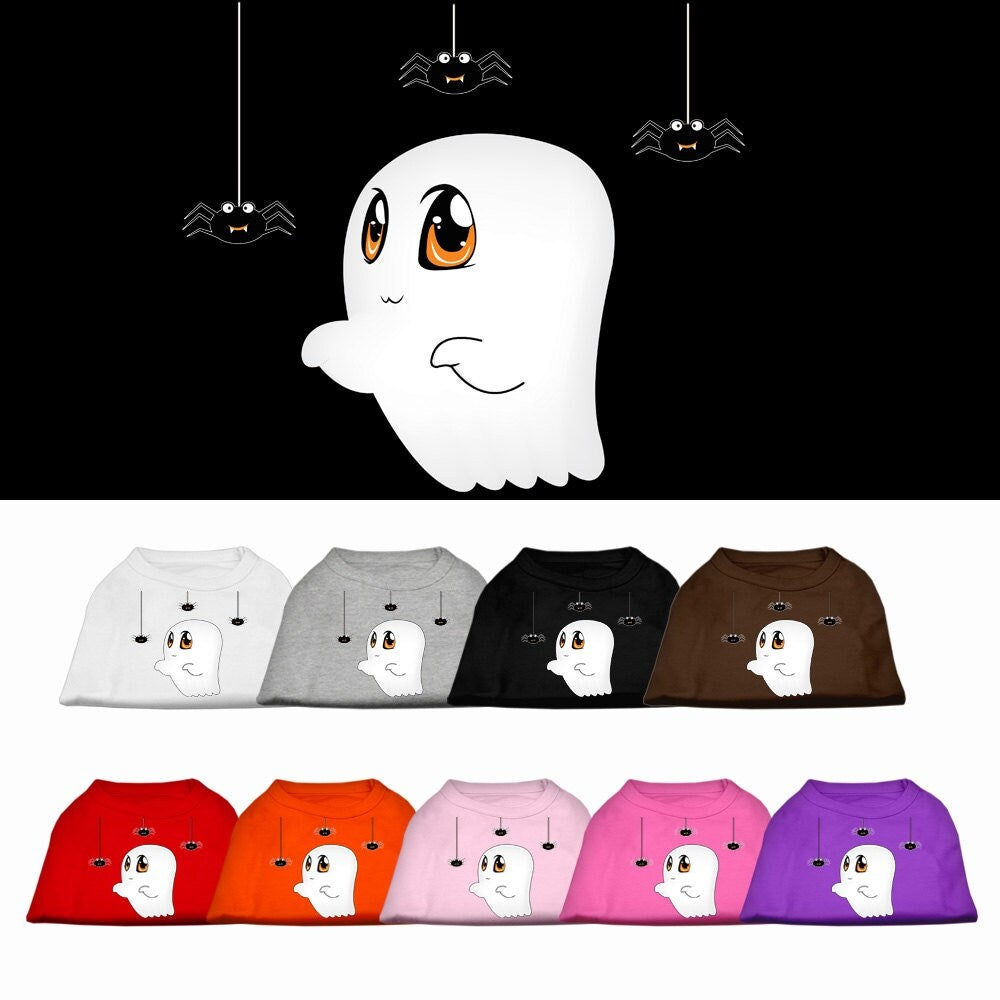 Halloween pet shirt for dogs and cats featuring a cute ghost design named 'Sammy the Ghost', made from soft and durable fabric.