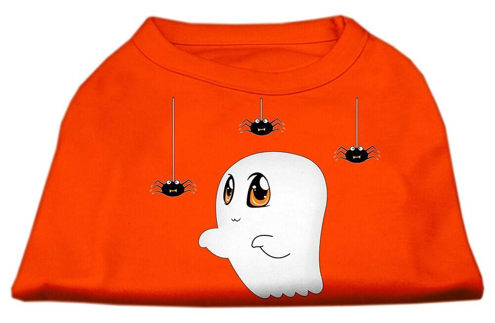 Halloween pet shirt for dogs and cats featuring a cute ghost design named 'Sammy the Ghost', made from soft and durable fabric.