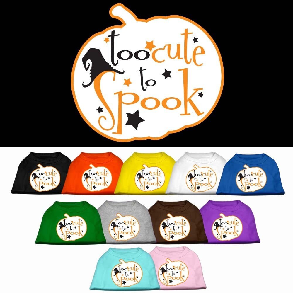 Halloween pet shirt for dogs and cats with 'Too Cute To Spook' print, featuring a soft fabric and double-stitched design.