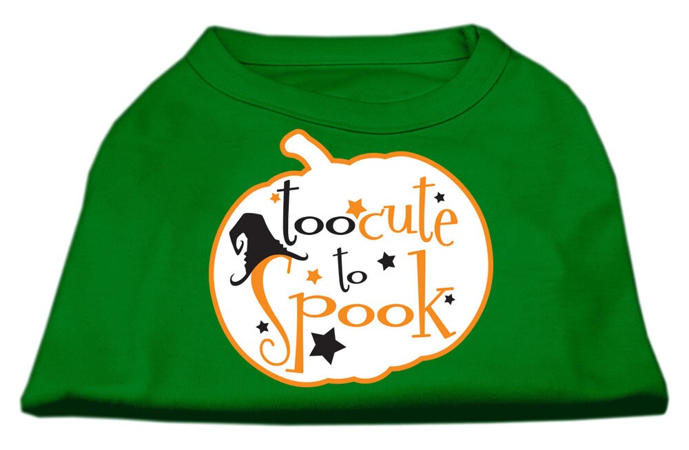 Halloween pet shirt for dogs and cats with 'Too Cute To Spook' print, featuring a soft fabric and double-stitched design.