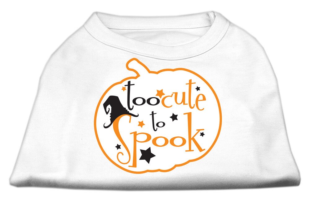 Halloween pet shirt for dogs and cats with 'Too Cute To Spook' print, featuring a soft fabric and double-stitched design.