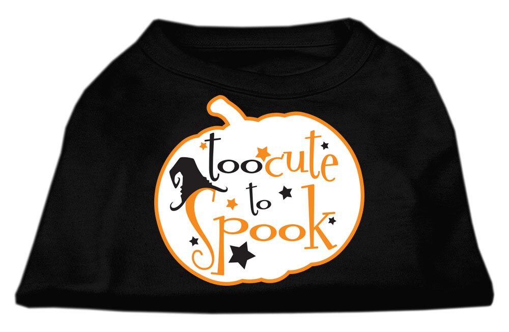 Halloween pet shirt for dogs and cats with 'Too Cute To Spook' print, featuring a soft fabric and double-stitched design.