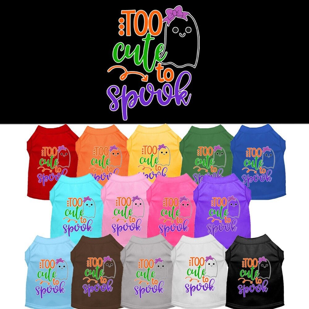 Halloween pet shirt for dogs and cats featuring a cute ghost design with the text 'Too Cute To Spook'.