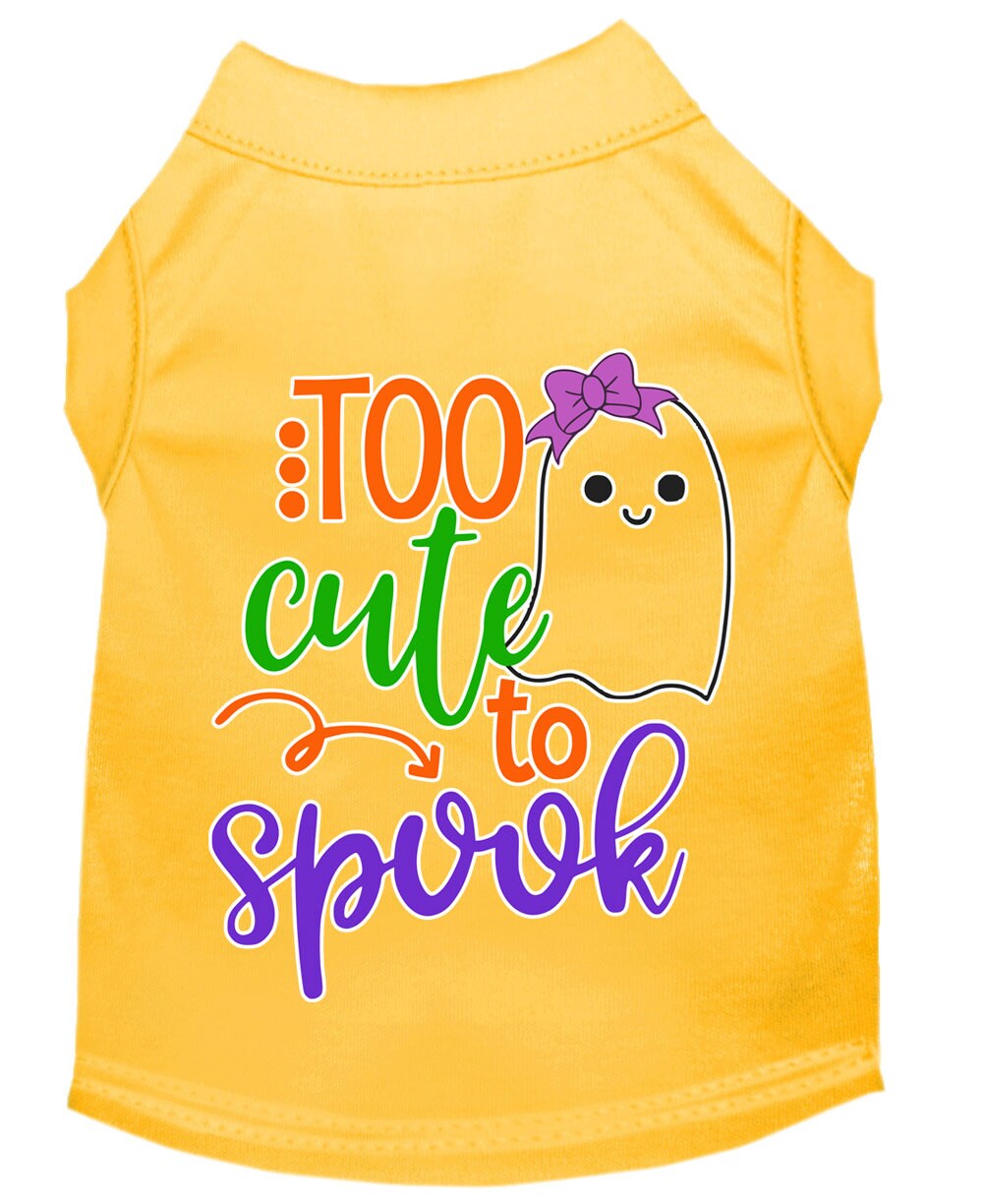 Halloween pet shirt for dogs and cats featuring a cute ghost design with the text 'Too Cute To Spook'.