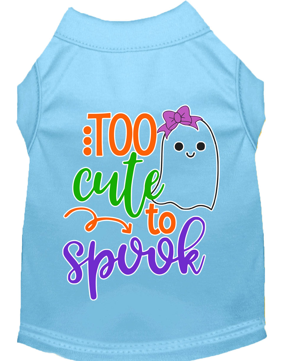 Halloween pet shirt for dogs and cats featuring a cute ghost design with the text 'Too Cute To Spook'.