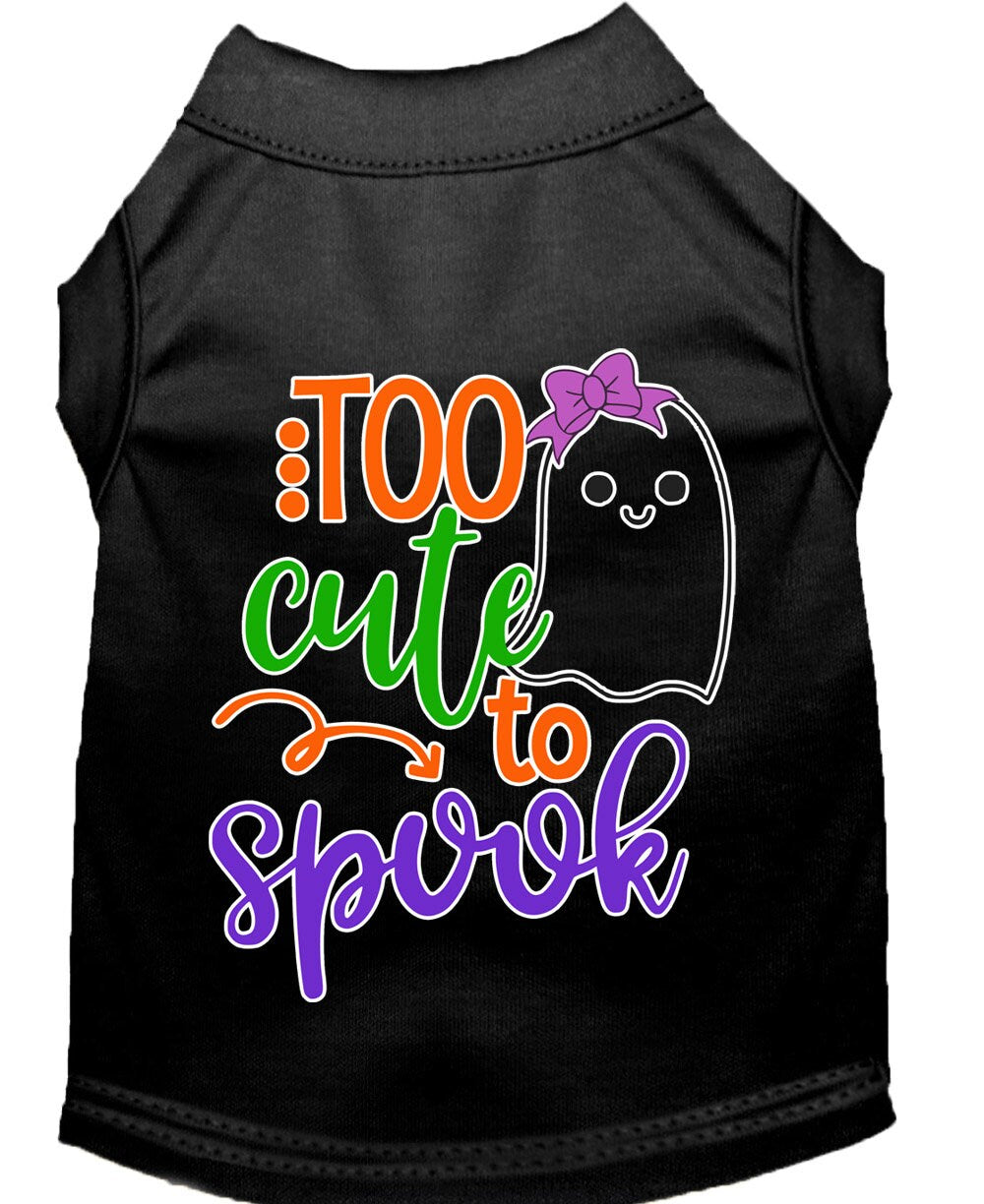 Halloween pet shirt for dogs and cats featuring a cute ghost design with the text 'Too Cute To Spook'.