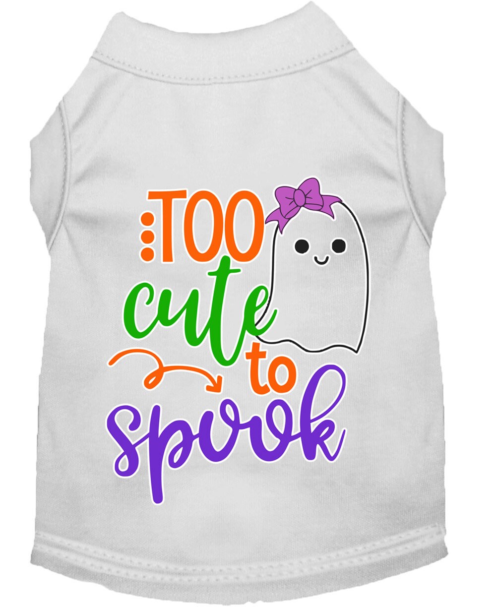 Halloween pet shirt for dogs and cats featuring a cute ghost design with the text 'Too Cute To Spook'.