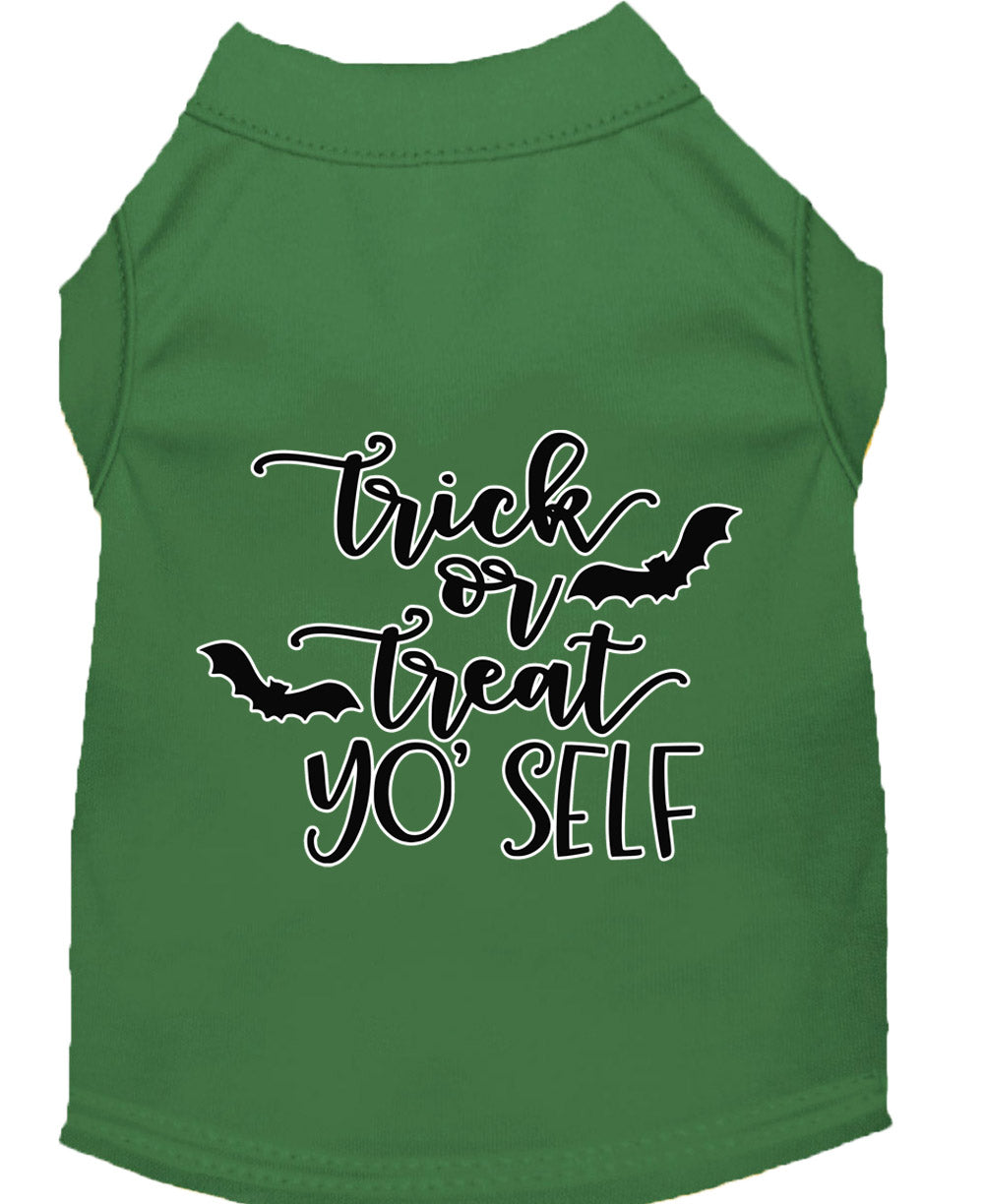 Halloween pet shirt for dogs and cats featuring 'Trick Or Treat Yo' Self' design, made from soft cotton and polyester blend.