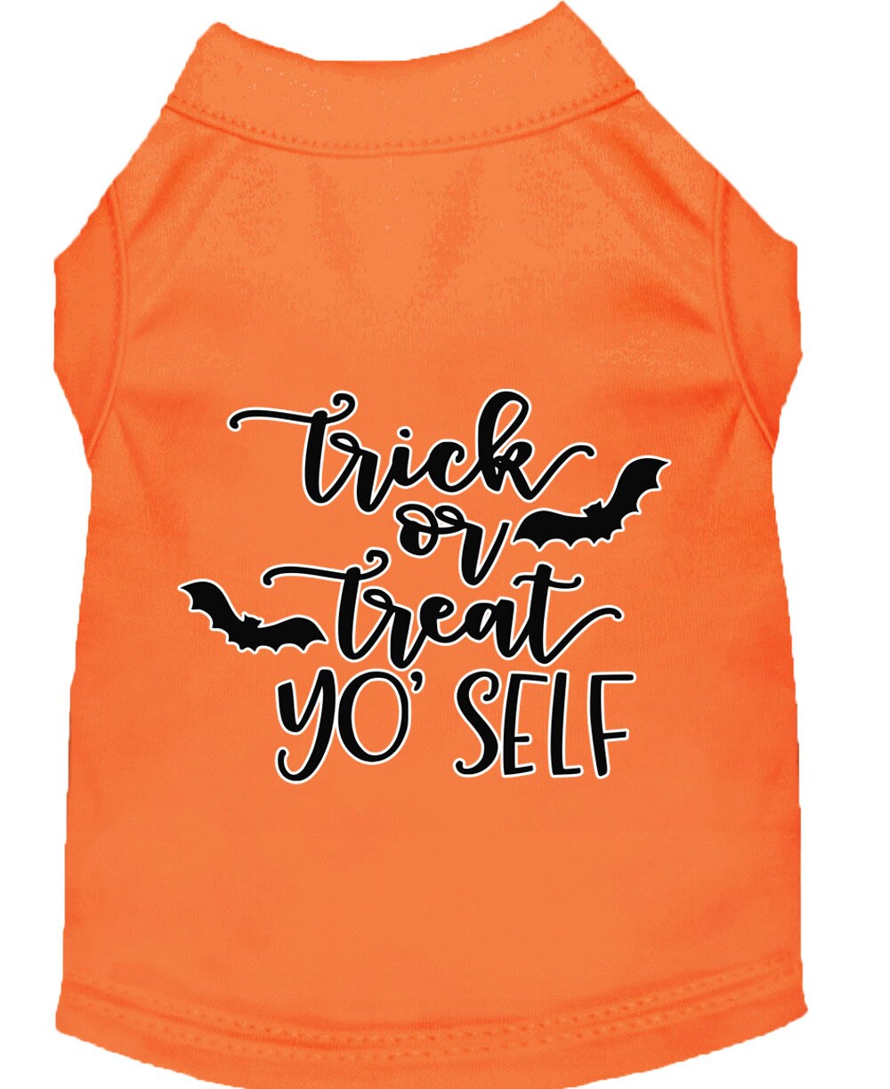 Halloween pet shirt for dogs and cats featuring 'Trick Or Treat Yo' Self' design, made from soft cotton and polyester blend.