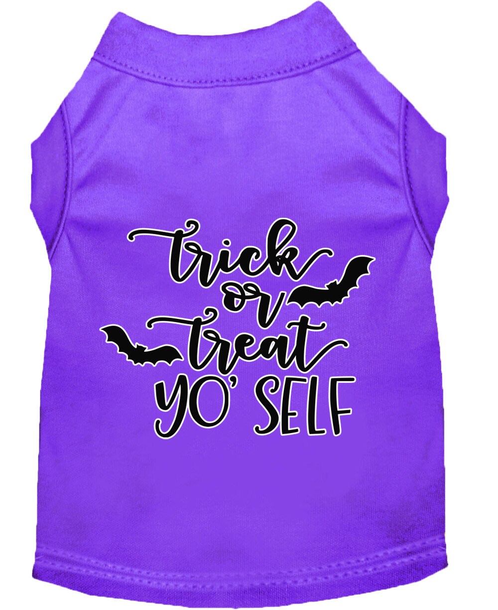 Halloween pet shirt for dogs and cats featuring 'Trick Or Treat Yo' Self' design, made from soft cotton and polyester blend.