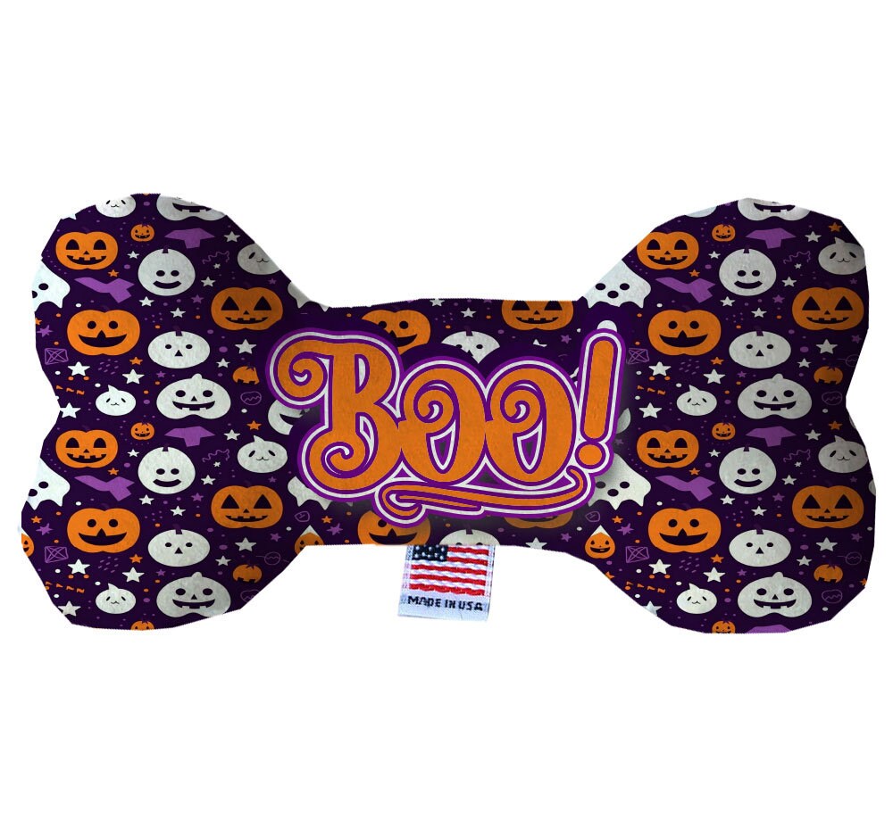 Halloween themed plush bone toy for dogs, featuring a spooky 'Boo' design, soft texture, and squeakers, available in multiple sizes.