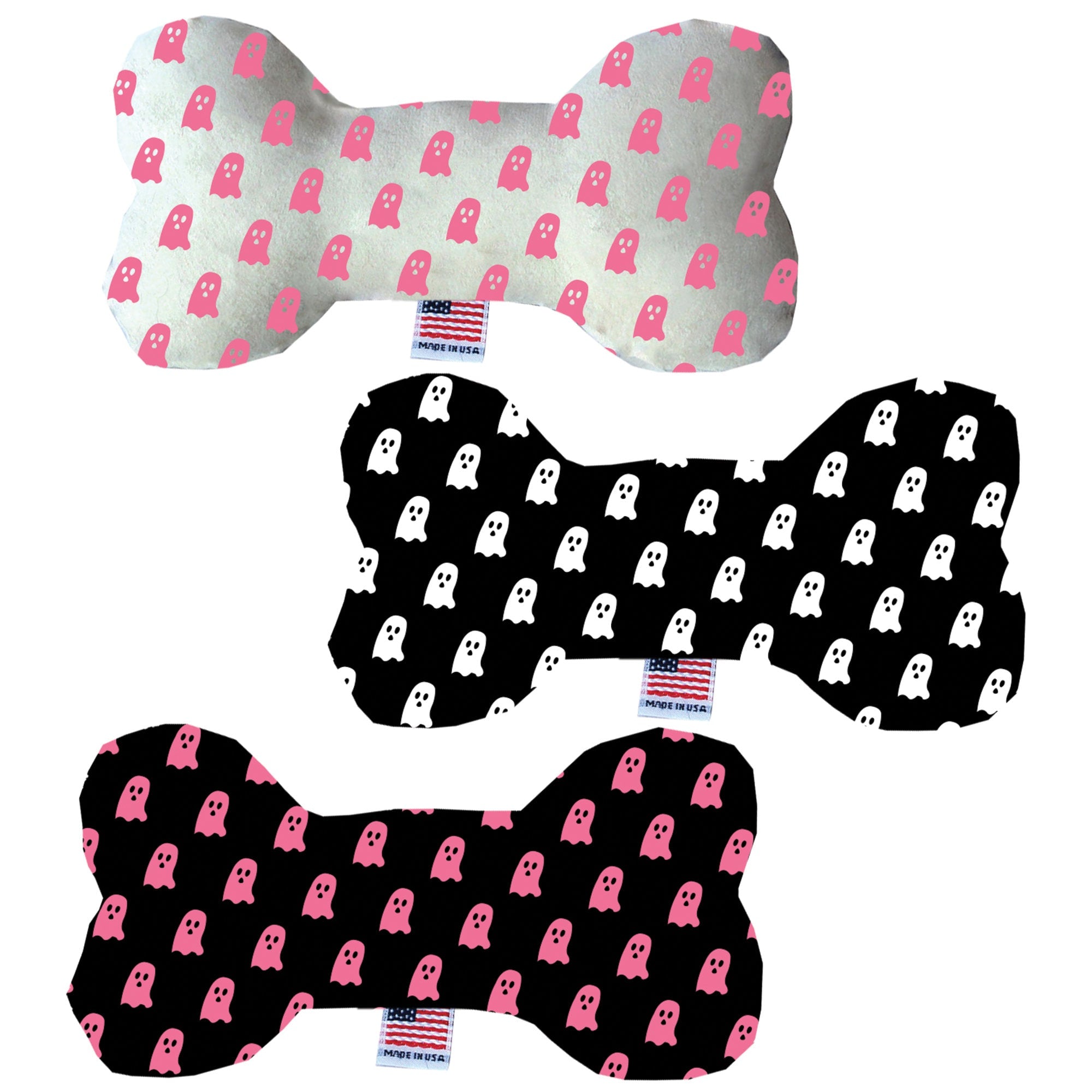 Halloween-themed plush bone toy for dogs featuring ghost designs, available in three sizes with squeakers.
