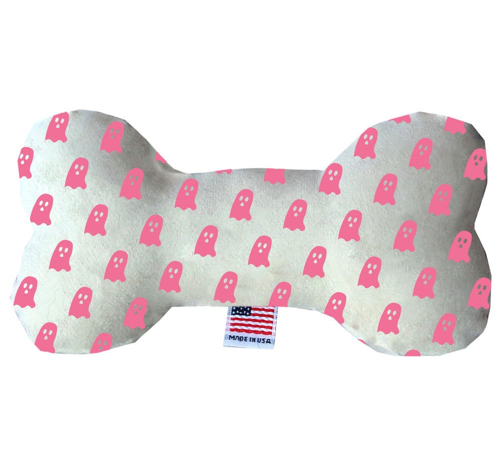 Halloween-themed plush bone toy for dogs featuring ghost designs, available in three sizes with squeakers.