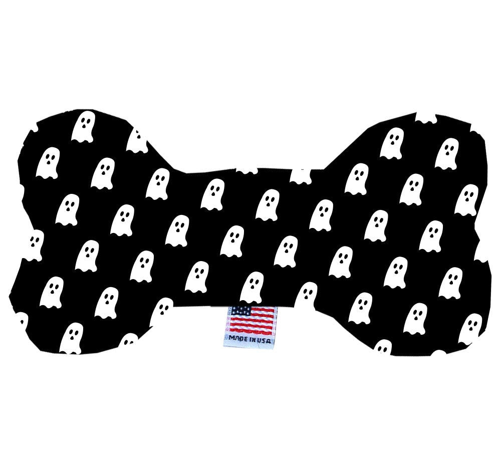 Halloween-themed plush bone toy for dogs featuring ghost designs, available in three sizes with squeakers.