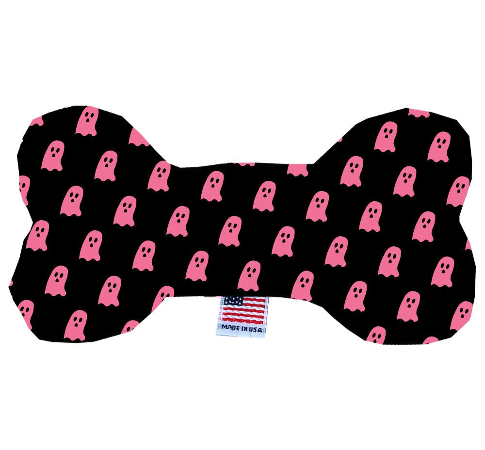 Halloween-themed plush bone toy for dogs featuring ghost designs, available in three sizes with squeakers.