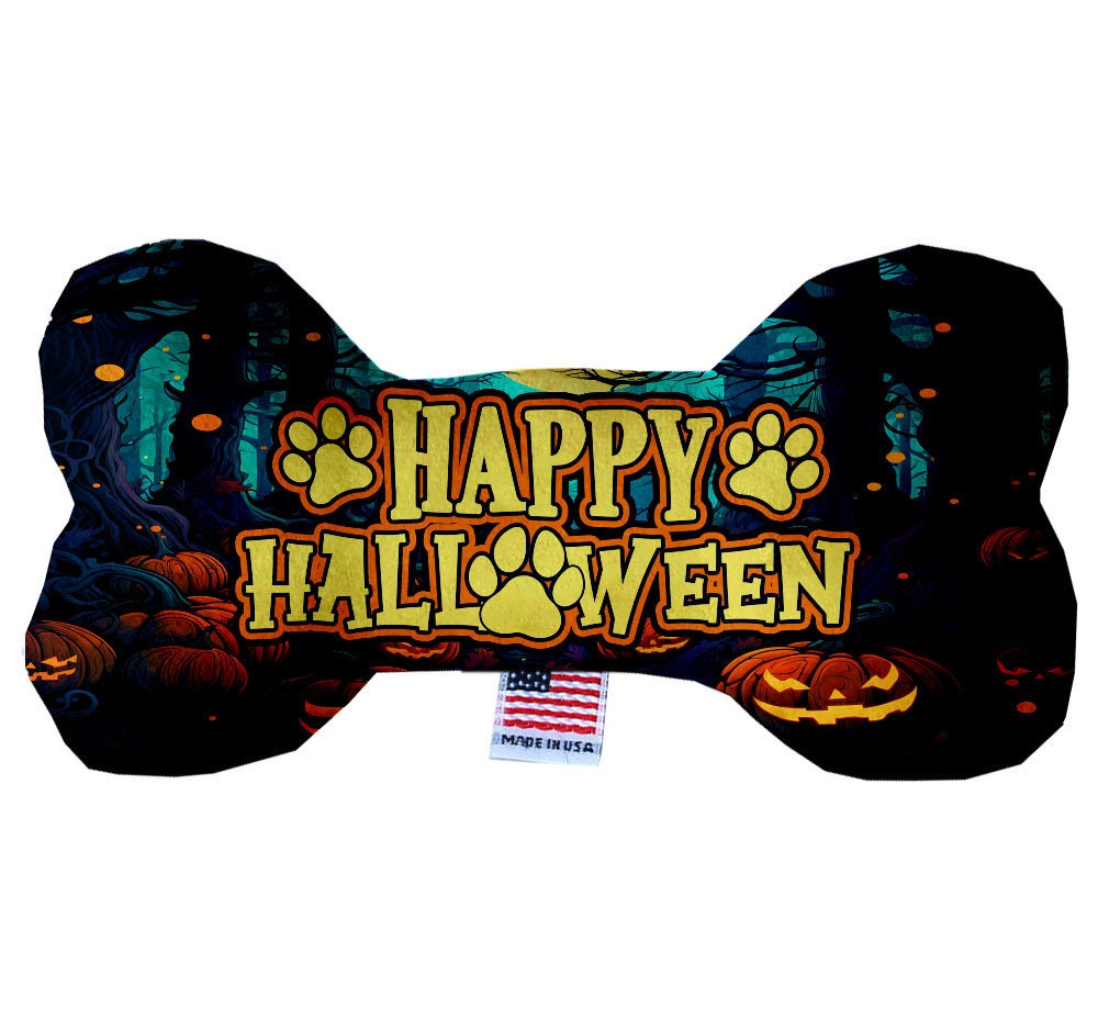 A plush bone toy for dogs featuring a Halloween theme, soft and cuddly with squeakers, available in three sizes.
