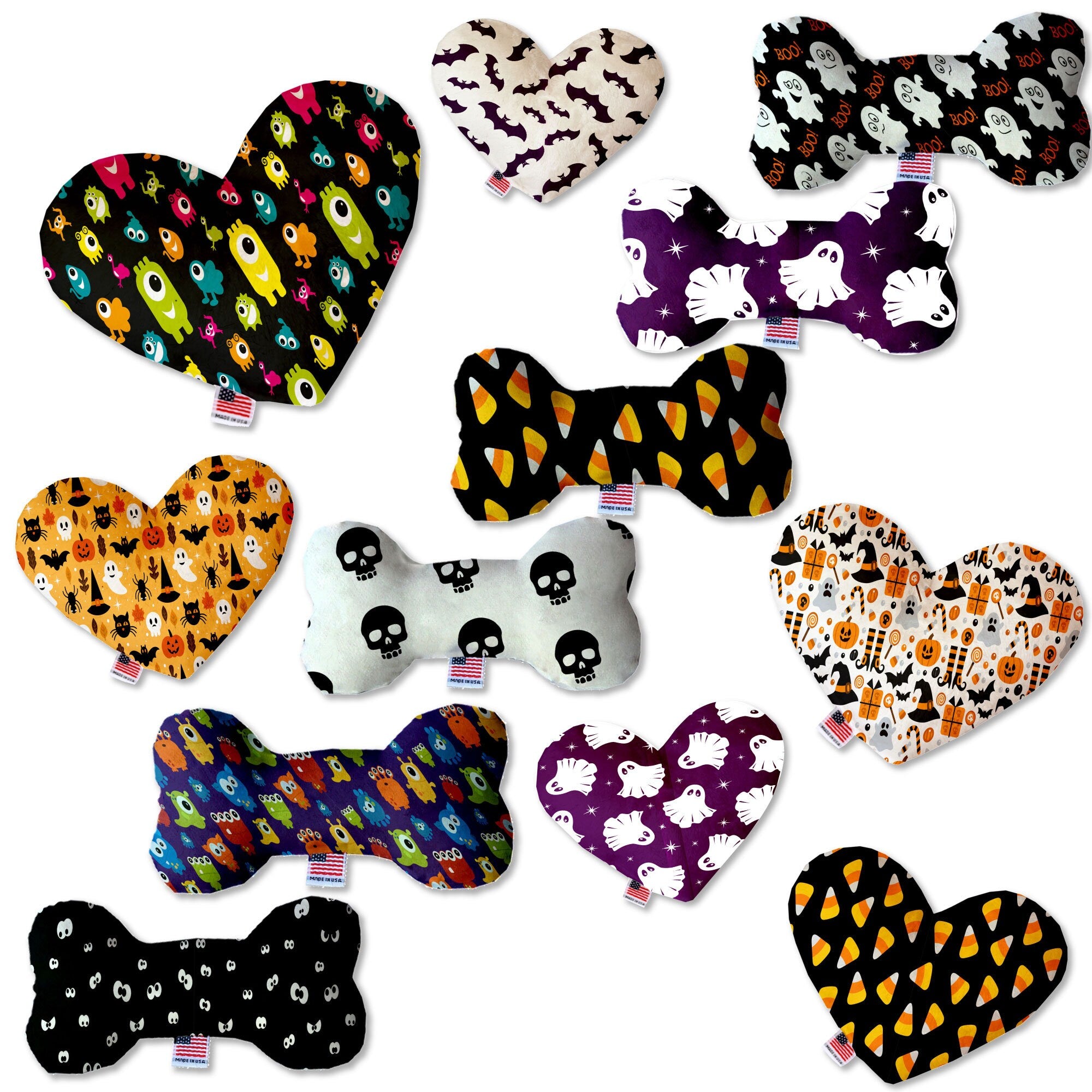 Halloween-themed plush heart and bone toys for dogs, featuring vibrant patterns and soft textures, perfect for playtime and cuddling.