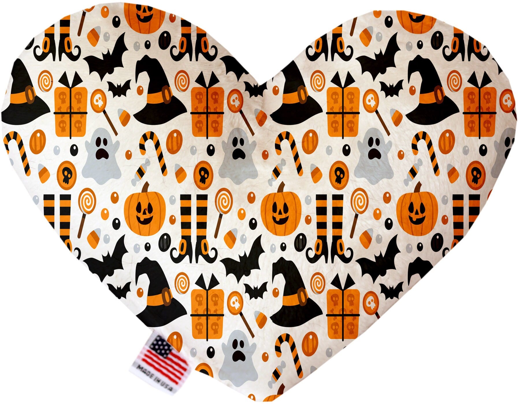 Halloween-themed plush heart and bone toys for dogs, featuring vibrant patterns and soft textures, perfect for playtime and cuddling.