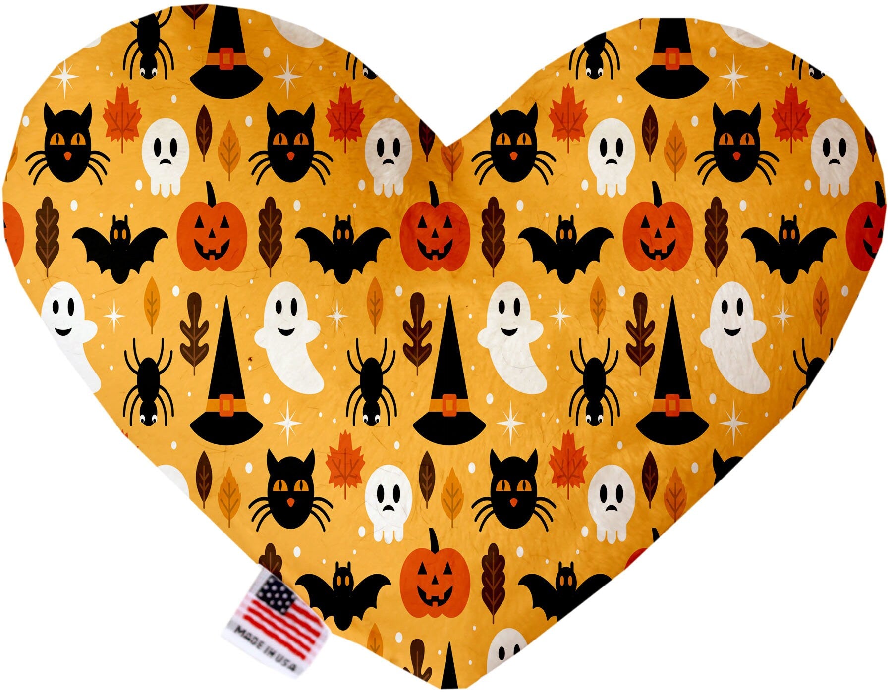 Halloween-themed plush heart and bone toys for dogs, featuring vibrant patterns and soft textures, perfect for playtime and cuddling.