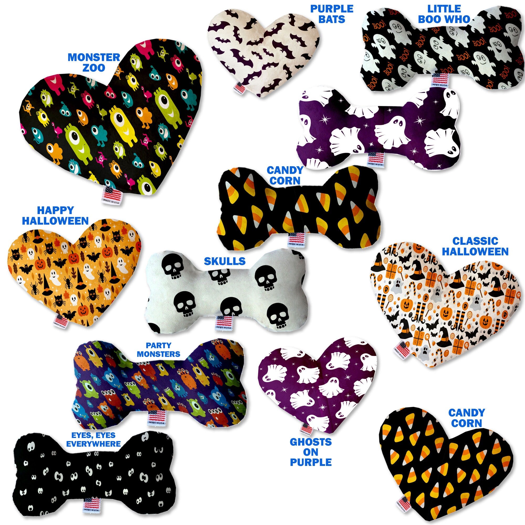 Halloween-themed plush heart and bone toys for dogs, featuring vibrant patterns and soft textures, perfect for playtime and cuddling.