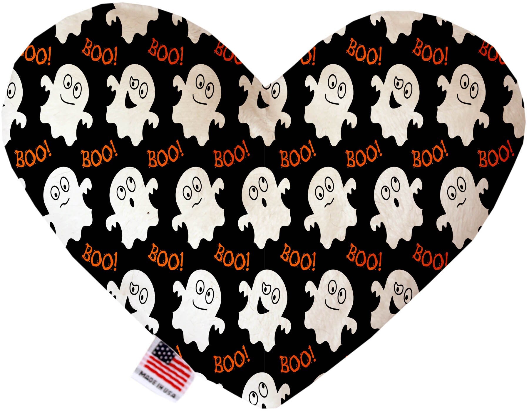 Halloween-themed plush heart and bone toys for dogs, featuring vibrant patterns and soft textures, perfect for playtime and cuddling.