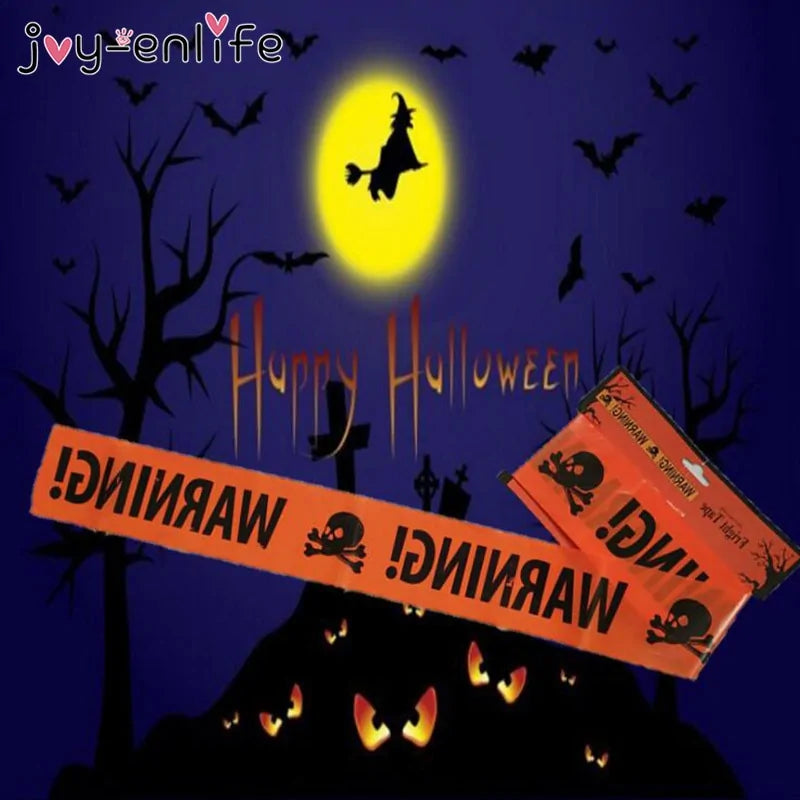 Halloween Warning Caution Tape in orange and black, perfect for spooky decorations.