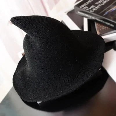 A stylish Halloween Witch Hat made of soft wool with an intricate knit pattern, suitable for both men and women.
