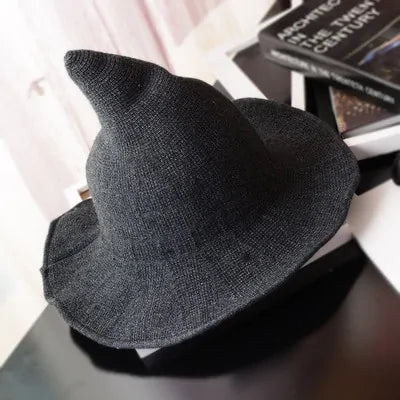 A stylish Halloween Witch Hat made of soft wool with an intricate knit pattern, suitable for both men and women.