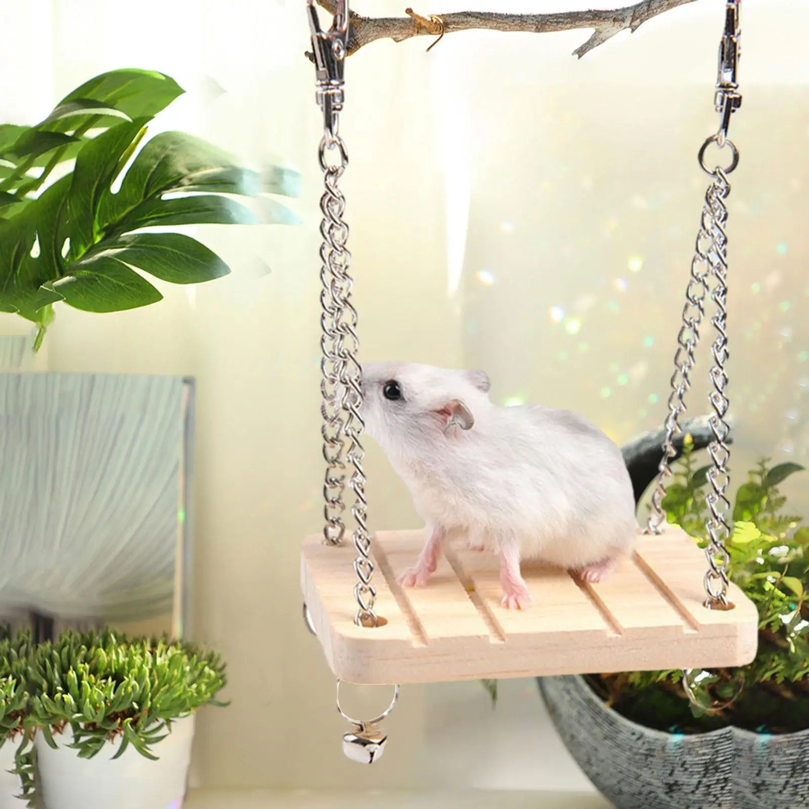 Hamster Hanging Swing Bed made of wood, featuring sturdy design and attached chains for easy installation in pet cages.