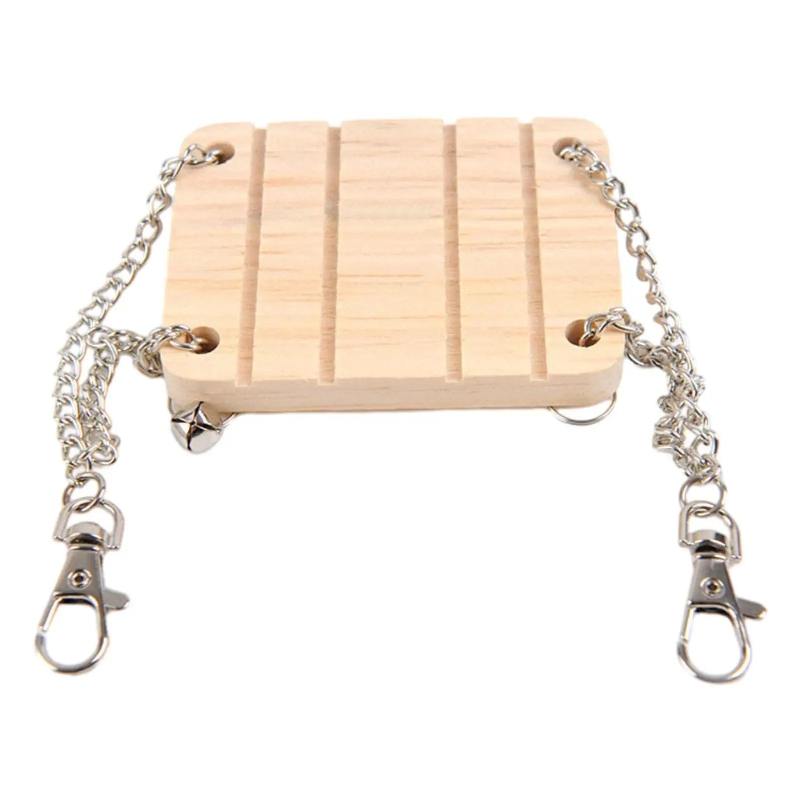Hamster Hanging Swing Bed made of wood, featuring sturdy design and attached chains for easy installation in pet cages.