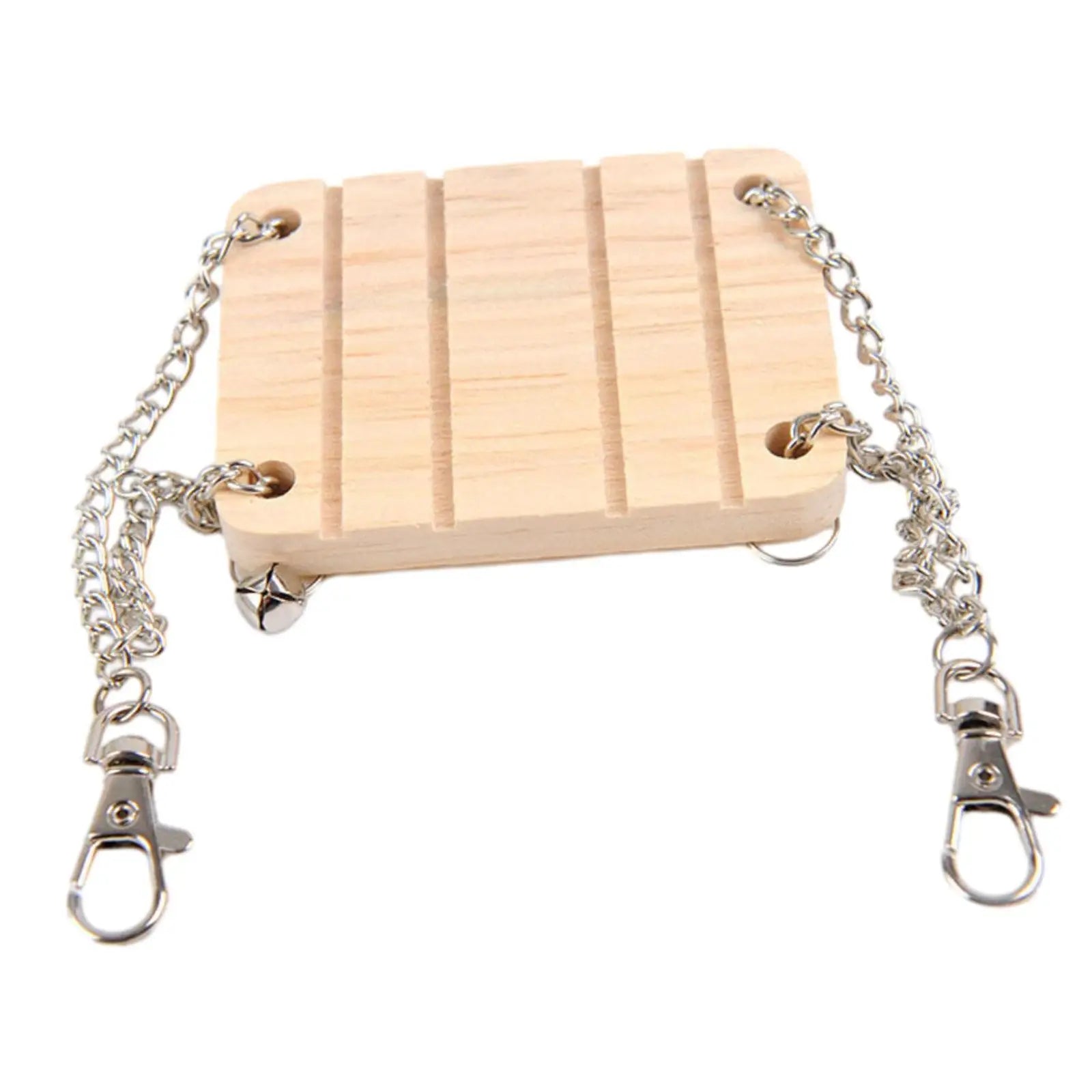Hamster Hanging Swing Bed made of wood, featuring sturdy design and attached chains for easy installation in pet cages.