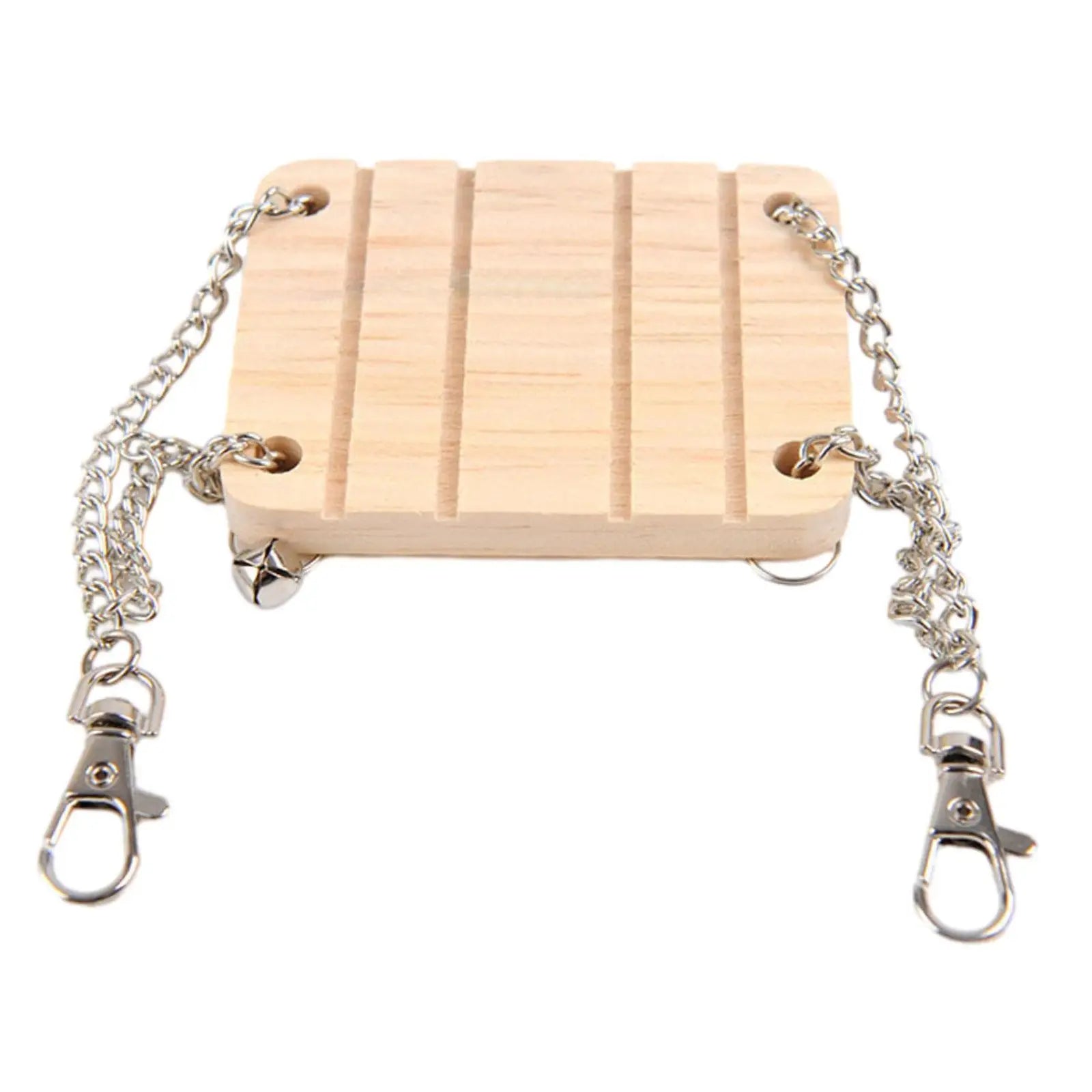 Hamster Hanging Swing Bed made of wood, featuring sturdy design and attached chains for easy installation in pet cages.