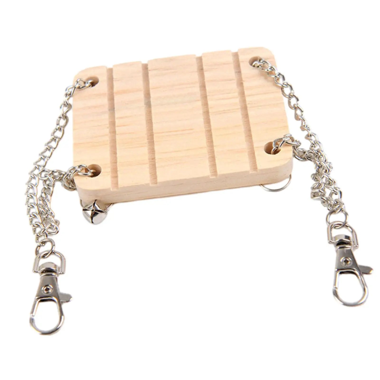 Hamster Hanging Swing Bed made of wood, featuring sturdy design and attached chains for easy installation in pet cages.