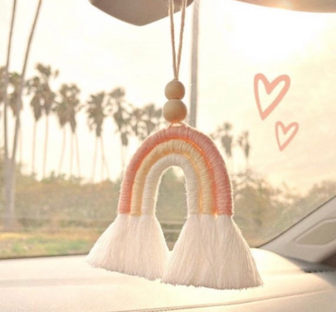 Handmade Macrame Mini Rainbow keychain with wood bead, featuring a swivel lobster claw for easy attachment.