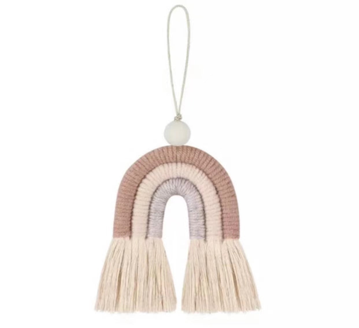 Handmade Macrame Mini Rainbow keychain with wood bead, featuring a swivel lobster claw for easy attachment.