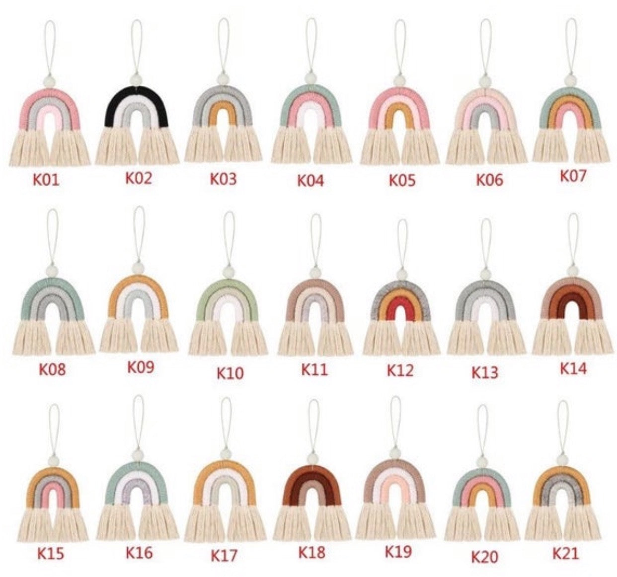 Handmade Macrame Mini Rainbow keychain with wood bead, featuring a swivel lobster claw for easy attachment.