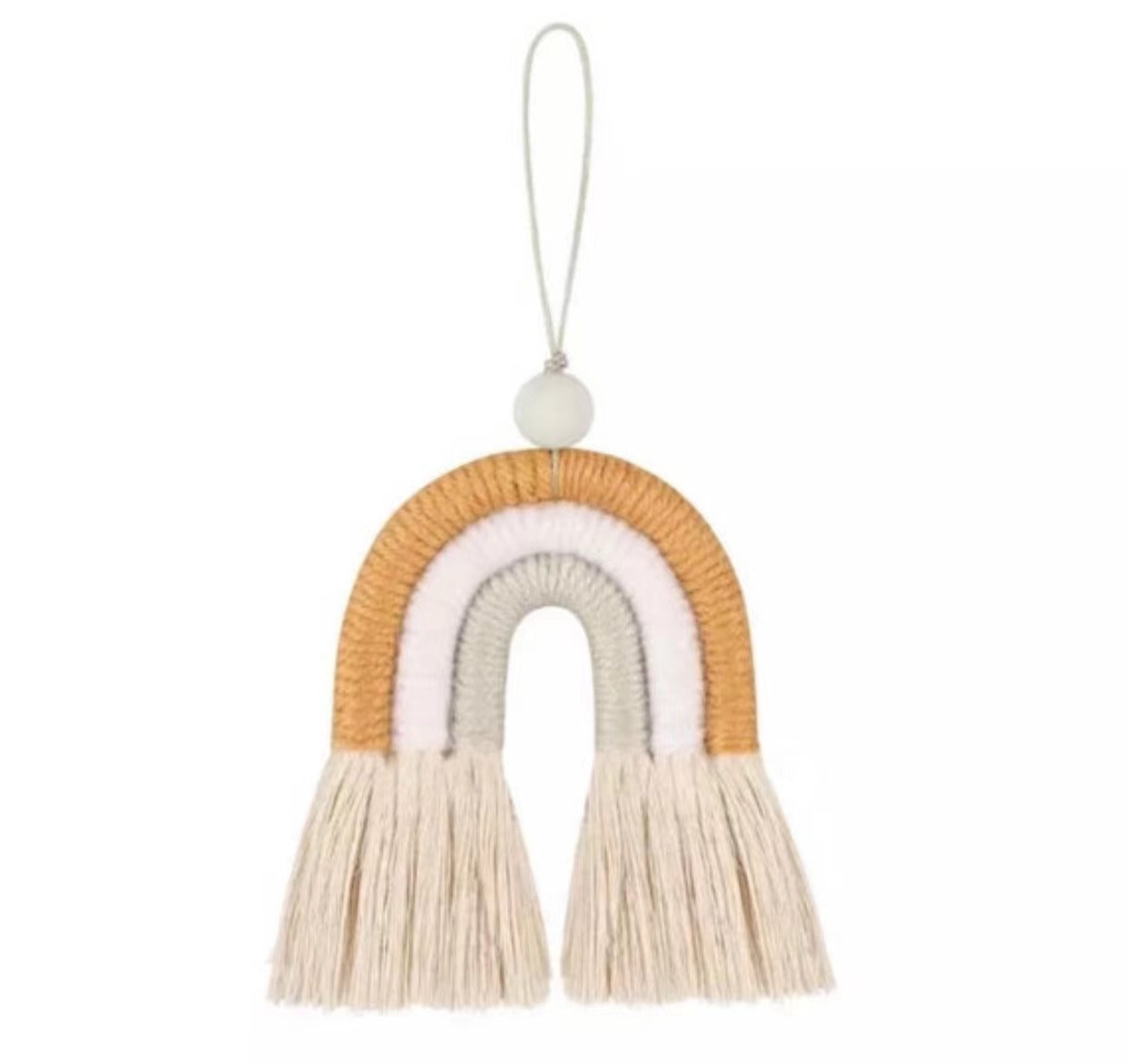 Handmade Macrame Mini Rainbow keychain with wood bead, featuring a swivel lobster claw for easy attachment.