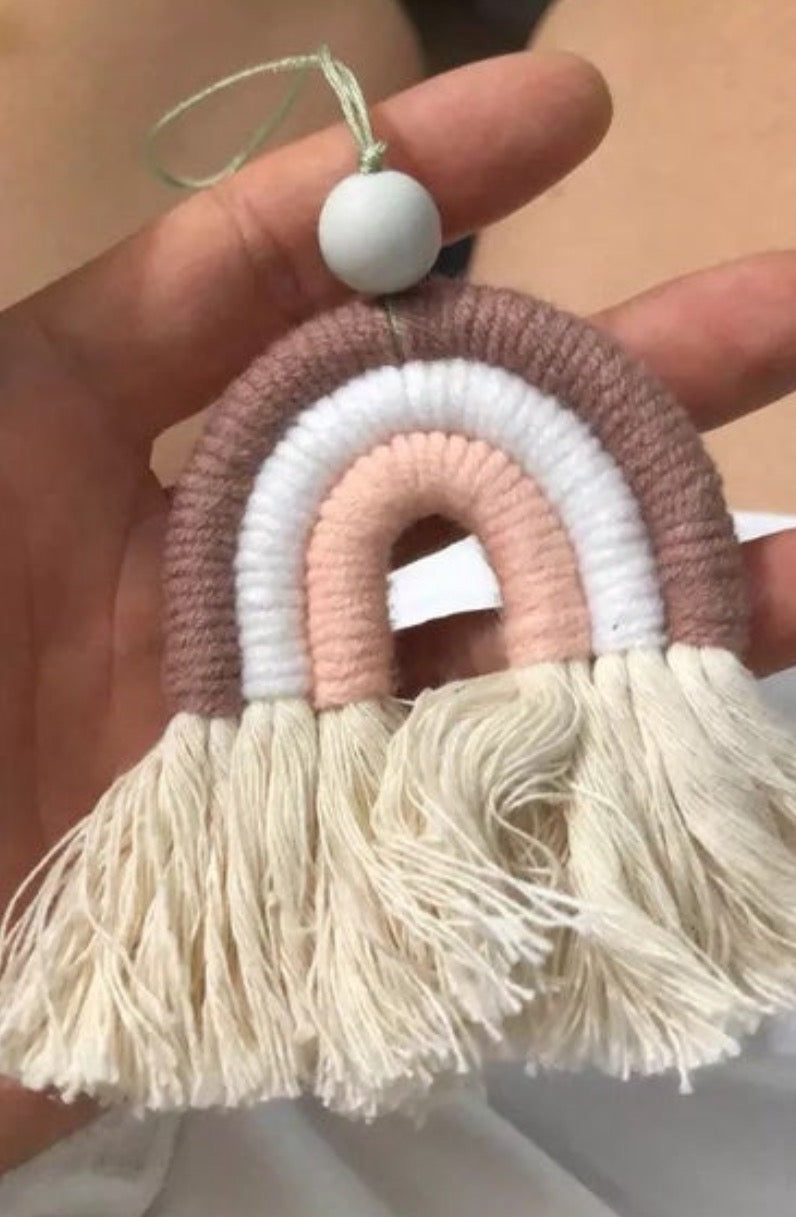 Handmade Macrame Mini Rainbow keychain with wood bead, featuring a swivel lobster claw for easy attachment.