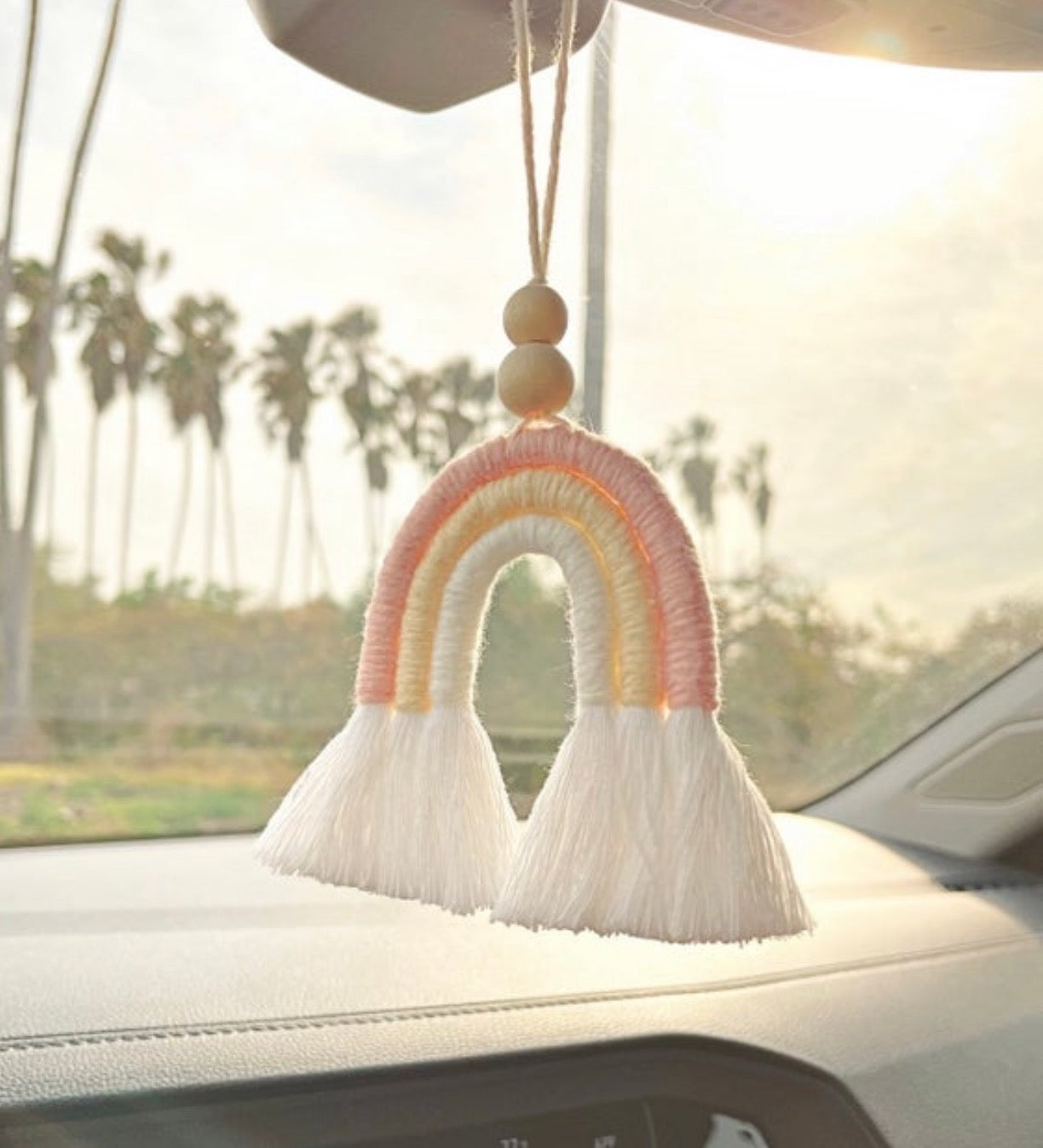 Handmade Macrame Mini Rainbow keychain with wood bead, featuring a swivel lobster claw for easy attachment.