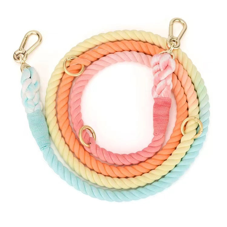 Hands Free Dog Rope Leash in Classic Rainbow design, showcasing its adjustable features and durable cotton material.