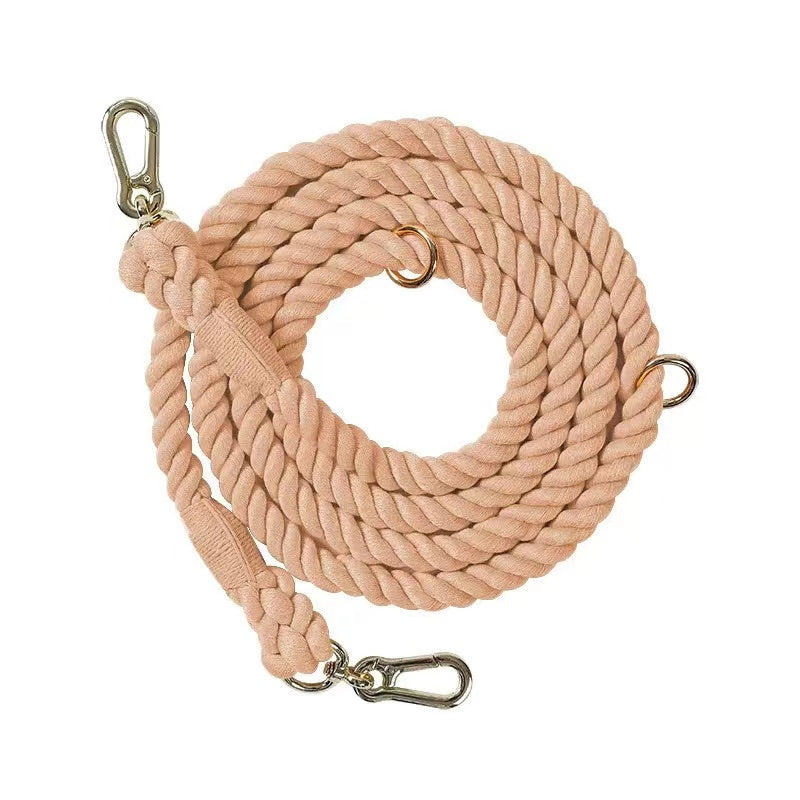 Hands Free Dog Rope Leash in Cotton Coral, showcasing its adjustable design and durable cotton material.
