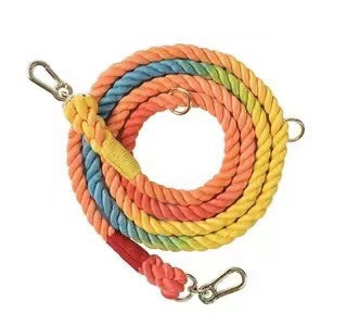 Hands Free Dog Rope Leash in Dark Rainbow, showcasing its adjustable design and durable cotton material, perfect for outdoor activities.