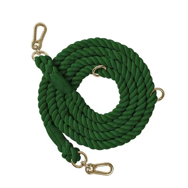 Hands Free Dog Rope Leash in Hunter Green, showcasing its adjustable design and durable cotton material.