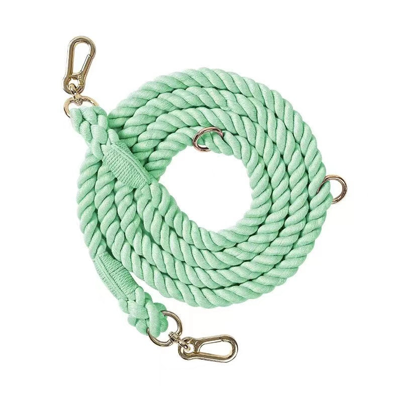 Mint green hands-free dog rope leash, adjustable design, made of durable cotton rope, perfect for active pet owners.