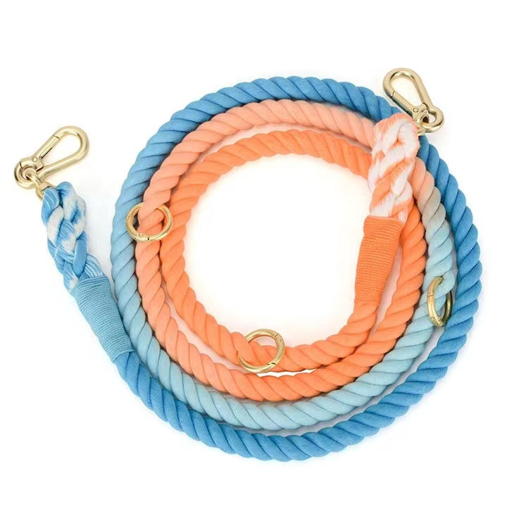 Hands-Free Dog Rope Leash in Sunset color, showcasing its adjustable design and durable cotton material, perfect for active pet owners.