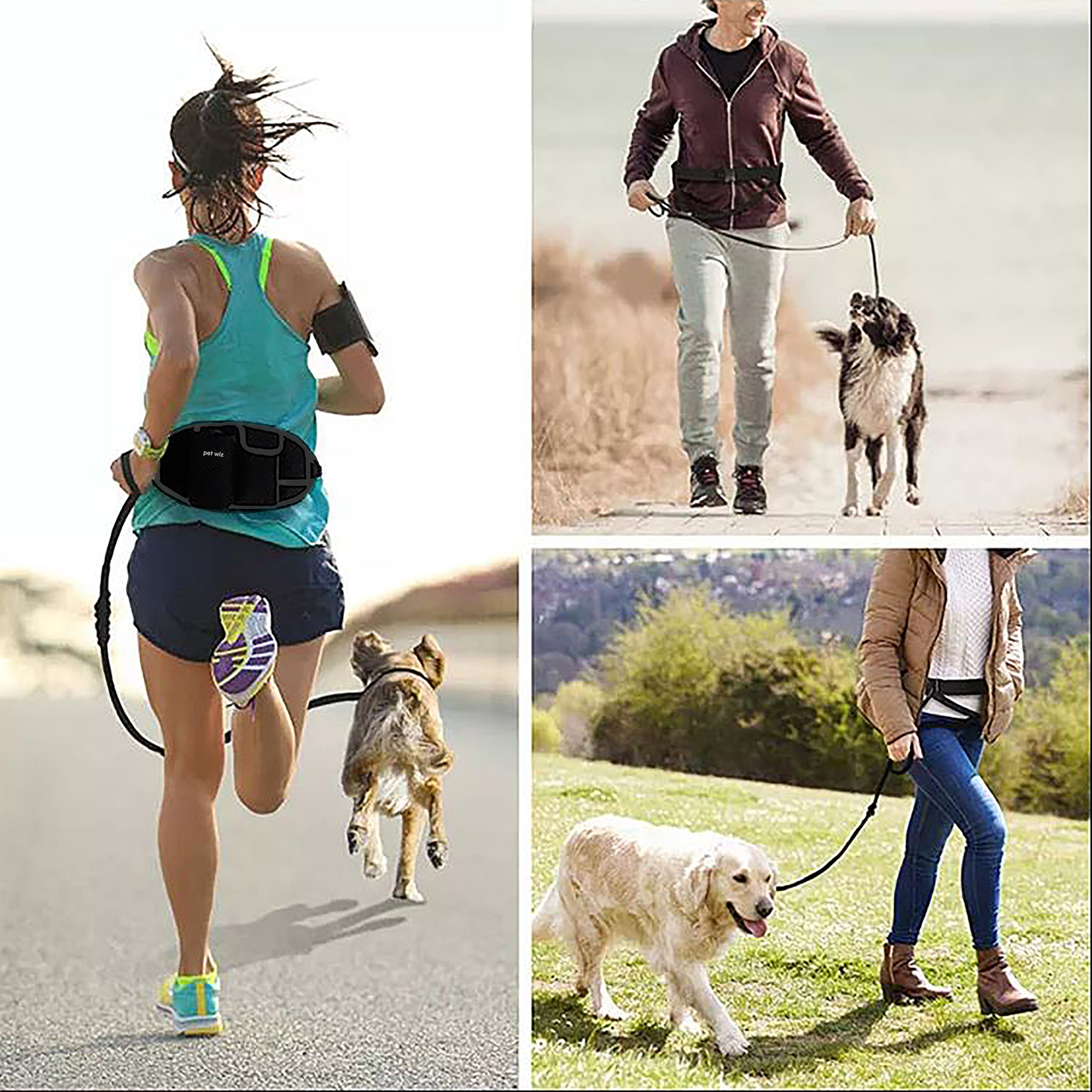 Hands Free Dog Running Lead with Wide Back Support Belt, featuring adjustable waistband and dual bungee for comfort and control.
