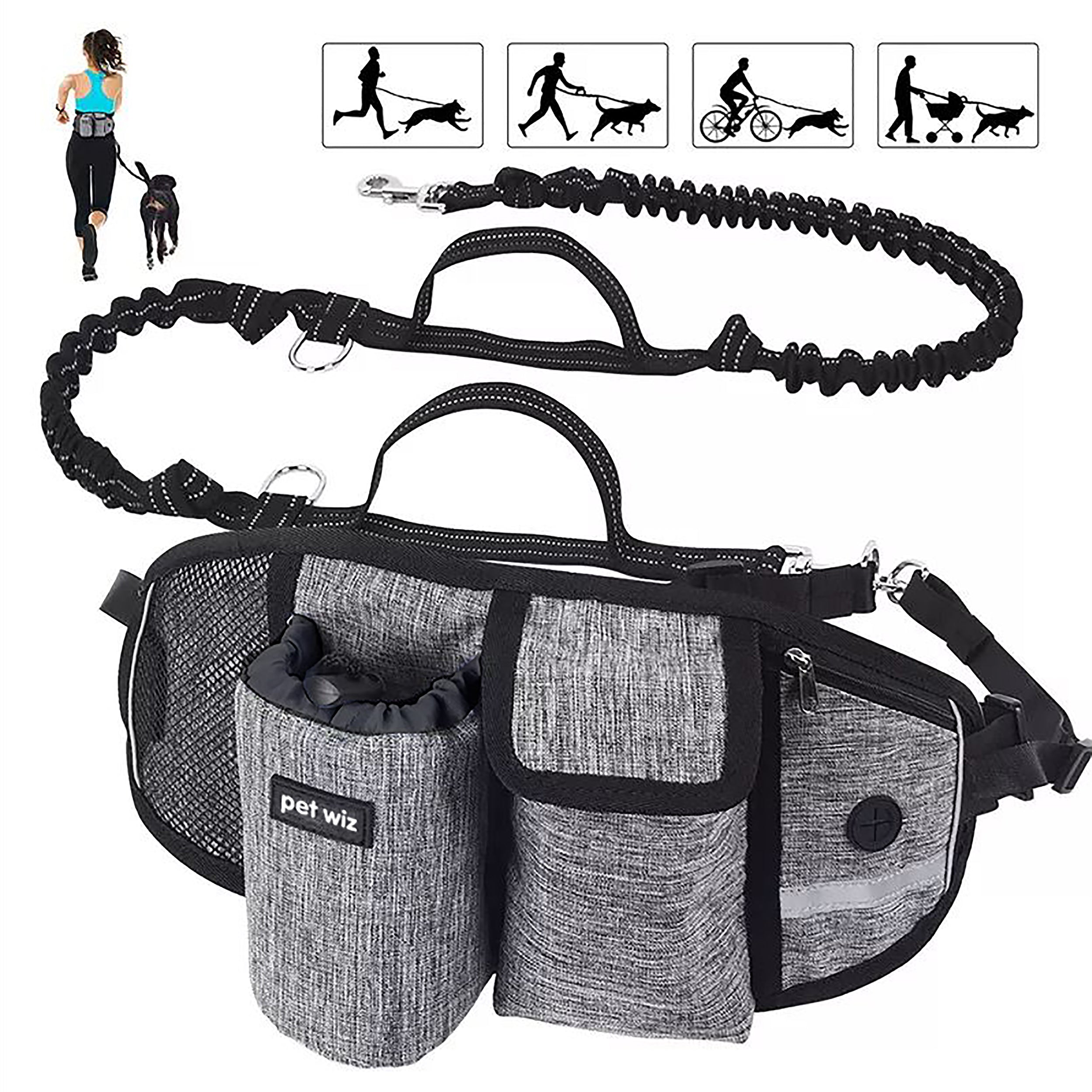 Hands Free Dog Running Lead with Wide Back Support Belt, featuring adjustable waistband and dual bungee for comfort and control.