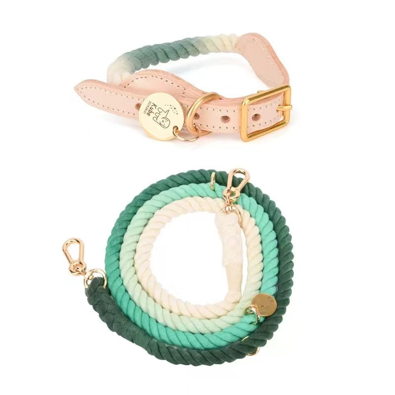 Hands Free Rope Leash and Luxe Royal Leather Collar Bundle in Ombré design, showcasing the hand-woven cotton rope and solid brass hardware.